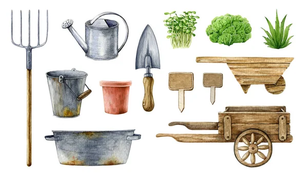 Εργαλεία Κήπου Και Σετ Απεικόνισης Ακουαρέλα Αγροτικού Εξοπλισμού Χειροποίητα Εργαλεία — Φωτογραφία Αρχείου