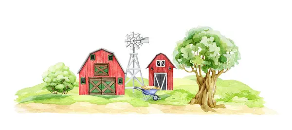 田舎の農園風景水彩画イラスト 赤い納屋 風工場 村のシーンの木 国緑の牧草地と牧草地 オークの木 赤い納屋と茂った背景を持つ丘 — ストック写真