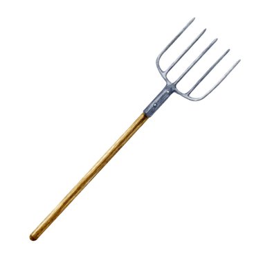 Hayfork suluboya çizimi. El yapımı yaba çiftliği ve bahçe ekipmanları. Tahta saplı metal saman çatalı. Beyaz arkaplanda izole.