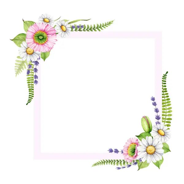 Άνοιξη Προσφορά Floral Διακοσμητικό Πλαίσιο Εικονογράφηση Υδατογραφίας Χειροποίητη Παπαρούνα Μαργαρίτα — Φωτογραφία Αρχείου