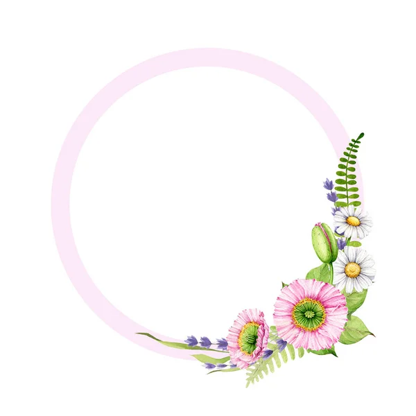 Διακόσμηση Ανοιξιάτικου Κήπου Λουλούδια Εικονογράφηση Υδατογραφίας Χειροποίητη Μαργαρίτα Παπαρούνα Άνθη — Φωτογραφία Αρχείου