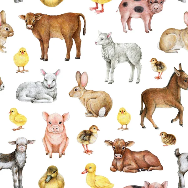 Фермерские Животные Бесшовный Рисунок Акварель Ручной Рисунок Кролика Свиньи Коровы — стоковое фото