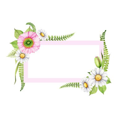 Yumuşak bahar çiçeği dekoratif çerçevesi. Suluboya çizimi. El yapımı haşhaş, papatya, lavanta çiçekleri, yeşil yapraklar, çimen dekoru kare element. Kırsal stil dekor. Beyaz arkaplan.
