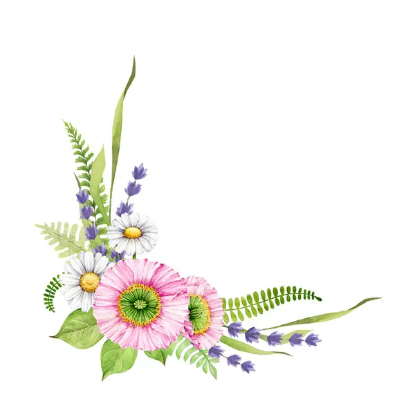 Garden springtime flower decoration. Watercolor illustration. Spring tender pink poppy, white daisy, lavender flowers. Elegant vintage style decor. Garden blossoms floral decor element.