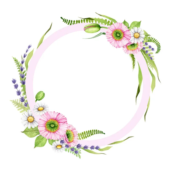 Ogród Wiosna Kwiaty Okrągłe Ramki Wystrój Ilustracja Akwareli Ręcznie Rysowane — Zdjęcie stockowe
