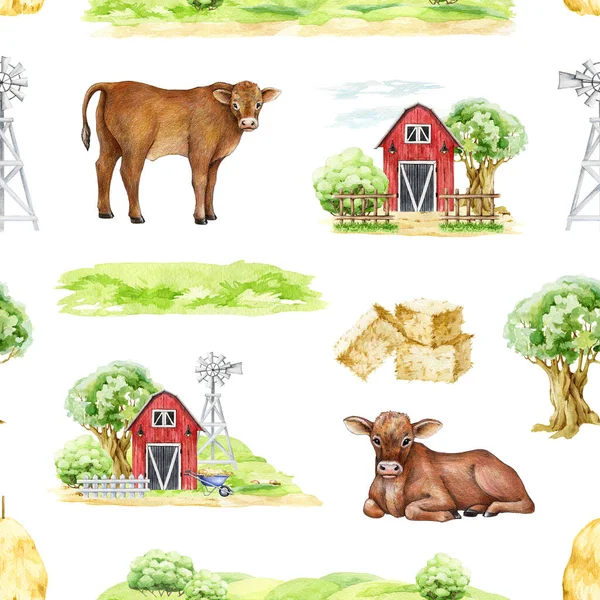 カントリーライフファームの要素シームレスなパターン 手描きの牛 赤い納屋 緑の牧草地 干し草 家の要素 田舎の村の生活シームレスなパターン ホワイトバック — ストック写真