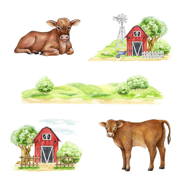 农场谷仓 农村风景水彩画集 手工绘制的农场动物 红色谷仓与一棵树 绿色草地元素 乡村元素集合 白人背景 — 图库照片