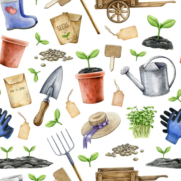 Εργαλεία Κηπουρικής Χωρίς Ραφή Μοτίβο Εικονογράφηση Υδατογραφίας Χειροποίητα Εργαλεία Κήπου — Φωτογραφία Αρχείου