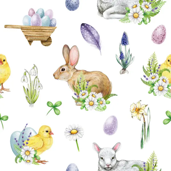 Easter flower festive traditional decor element seamless pattern. Watercolor illustration. Hand drawn bunny, chicks, eggs, lamb, spring garden flowers seamless pattern. Easter decoration elements.