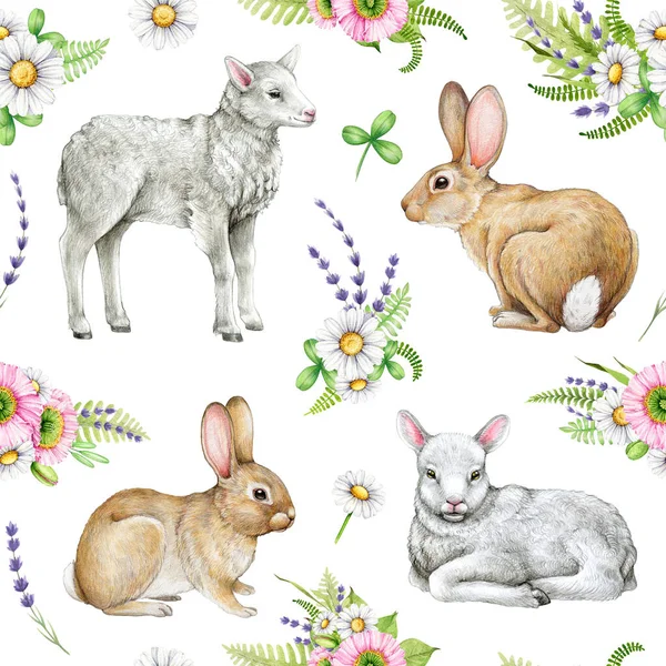 Springtime Easter seamless pattern with bunny, lamb and flowers. Watercolor illustration. Hand drawn cute little rabbit, white newborn lamb, daisy flowers, lavender, poppy seamless border.