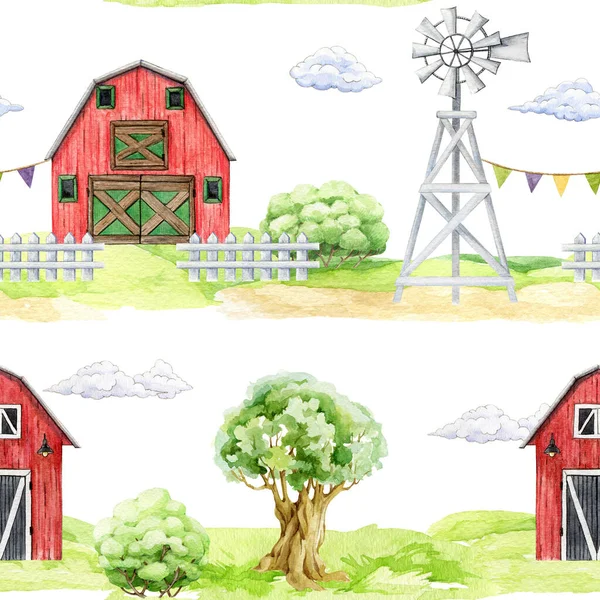 Farmářské Domy Venkovské Prvky Bezproblémové Vzory Ilustrace Akvarelů Ručně Kreslená — Stock fotografie