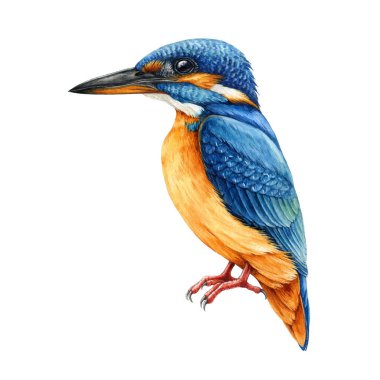 Kingfisher kuş eli suluboya resimlerini çizdi. Vahşi yaşam orman hayvanı. Sıradan balıkçı, güzel, vahşi bir kuş. Turuncu ve mavi tüylü kuş. Beyaz arkaplanda izole.