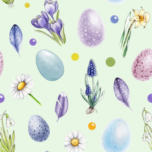 Easter festive seamless pattern. Watercolor illustration. Hand drawn painted eggs, daisy, crocus daffodil spring flowers, bird feathers. Springtime seamless pattern in tender colors.