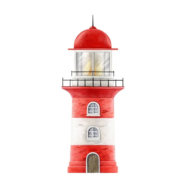 Leuchtturm Aquarell Illustration Handgezeichnetes Schönes Gebäude Vintage Stil Der Roten — Stockfoto
