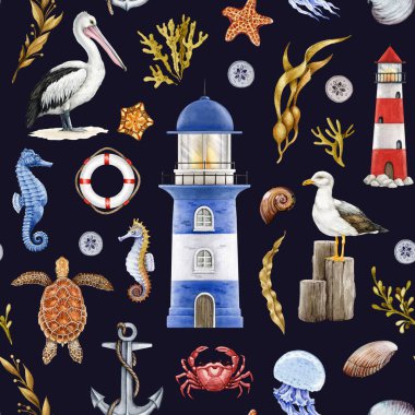 Deniz kenarındaki doğal elementler pürüzsüz desen. Suluboya çizimi. El yapımı deniz feneri, çapa, pelikan, martı, yosun, yengeç, yaşam şamandırası, dikişsiz desen. Klasik deniz tarzı..