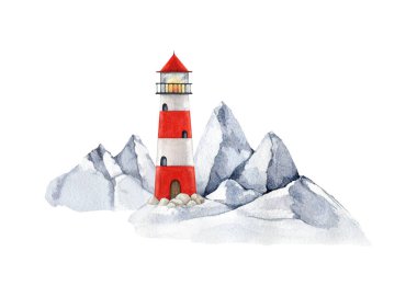 Uçurumdaki deniz feneri. Suluboya çizimi. Uçurum aralığında el çizgisi kırmızı çizgili işaret feneri. Kayalık sahilde duran parlak deniz feneri binası. Beyaz arkaplan.