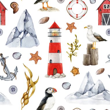 Deniz yaşamı doğa elementleri kusursuz desen. Suluboya çizimi. El çizimi parlak deniz feneri binası, martı, martı uçurumu, çapa, deniz yosunu. Deniz kıyısı doğal elementler pürüzsüz desen.