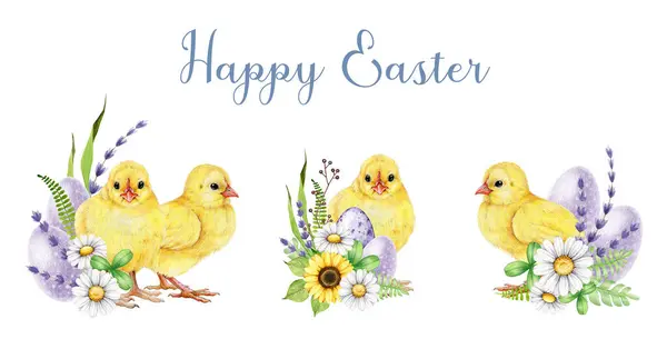 Pasen Feestelijke Bloem Decor Set Aquarelillustratie Baby Vogel Gekleurde Eieren — Stockfoto