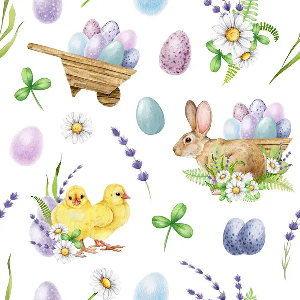 Easter flower festive seamless pattern. Watercolor illustration. Hand drawn bunny, chicks, colored eggs, spring garden flowers seamless pattern. Easter decoration traditional elements.