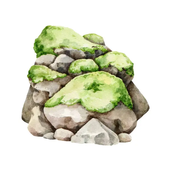 Stos Kamieni Zielonym Mchem Ilustracja Akwareli Ręcznie Rysowane Kamienie Naturalny — Zdjęcie stockowe
