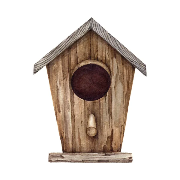 Dřevěné Ptačí Budky Akvarel Ilustrace Ručně Kreslené Roztomilé Ptačí Úkryt — Stock fotografie
