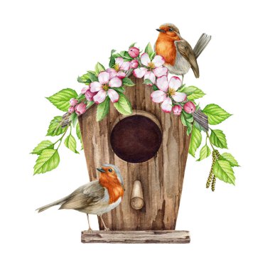 Bahar desenli kuş kafesinde Robin Bird 'ler. Suluboya çizimi. Çiçekli, yeşil yapraklı, ahşap kuş yuvasında şirin küçük bahçe kuşları. Robin 'le bahar sıcacık dekorasyonu.