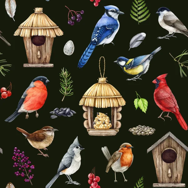 具有自然元素无缝图案的园林鸟 水彩画 带有自然元素的人工绘制的森林小鸟 黑暗背景下的喂食器 — 图库照片