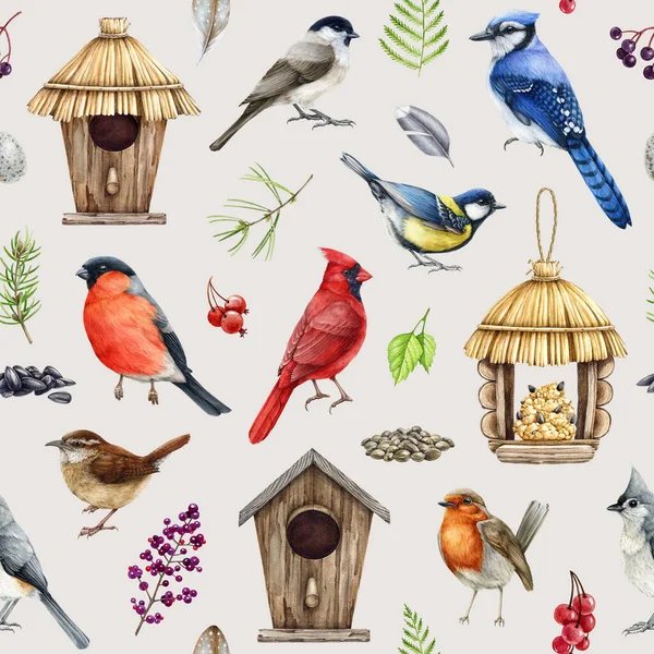 Backyard birds with natural elements seamless pattern. Wren, jay, robin, chickadee watercolor illustration. Hand drawn small forest wild birds, natural elements, birdhouse, feeder seamless pattern.