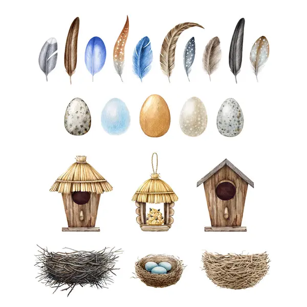 フィーダー 鳥小屋の大きなイラストセット 手描きの異なる鳥羽 鳥小屋の要素コレクション バードライフ天然元素水彩コレクション — ストック写真