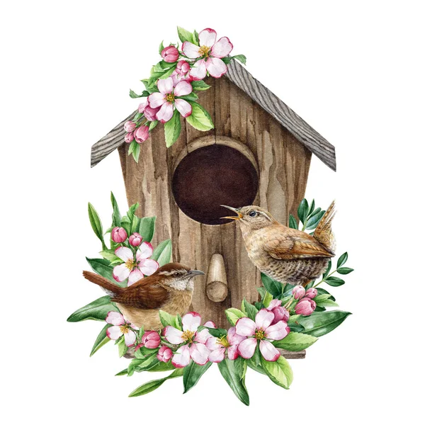 Pássaros Jardim Casa Dos Pássaros Com Flores Primavera Ilustração Aquarela — Fotografia de Stock
