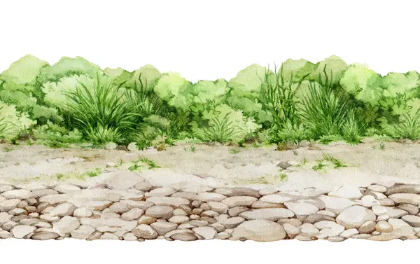 Pebble rocky ground with green grass seamless border. Watercolor illustration. Natural pebble ground with small rocks, green lush grass, wild herbs on the background. Natural outdoors scene element.