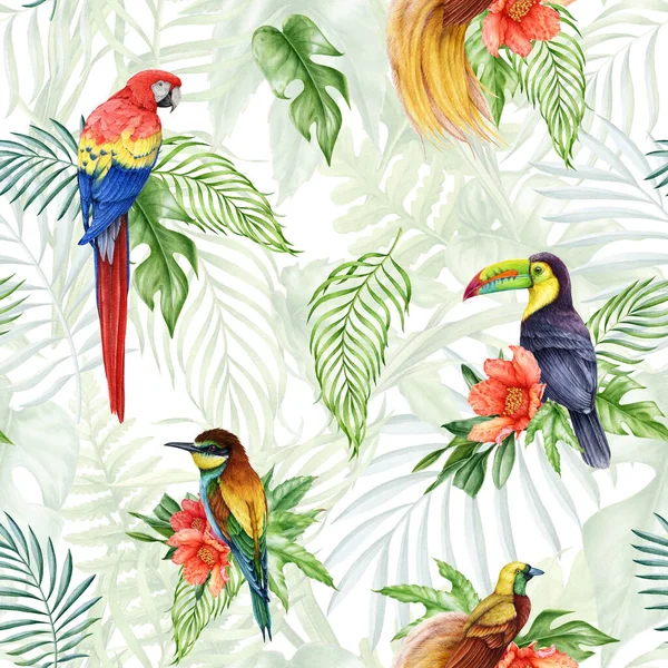 Beautiful birds with flowers, tropical leaves background. Seamless pattern. Watercolor illustration. Tropical birds with floral decor seamless pattern. Parrot, toucan with palm leaves and flowers.