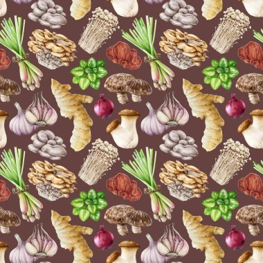 Taze mantarlar, bitkiler, baharatsız desenler. Suluboya çizimi. El yapımı taze mantarlar, şiitake, enoki, istiridye mantarı, zencefil, sarımsak unsurları. Koyu arkaplan.