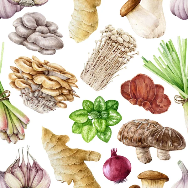 Fresh edible mushrooms, herbs, spices seamless pattern. Watercolor illustration. Hand drawn tasty mushrooms, shiitake, enoki, oyster mushroom, ginger, garlic elements. White background.