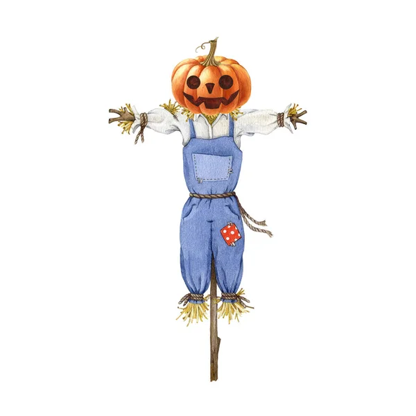 Tökfej Madárijesztő Akvarell Illusztráció Kézzel Rajzolt Rajzfilm Stílusú Halloween Kísérteties — Stock Fotó