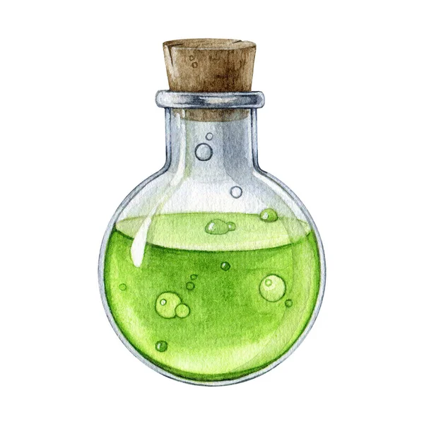 Стеклянная Бутылка Кислотной Жидкостью Внутри Иллюстрация Акварелью Бутылка Винтажного Стиля — стоковое фото