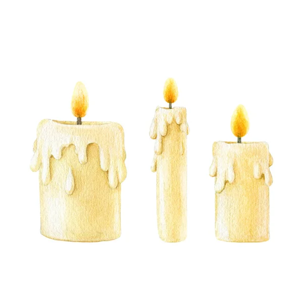 Burning Candle Set Watercolor Painted Illustration Cozy Melted Candles Flame — Stock Photo, Image