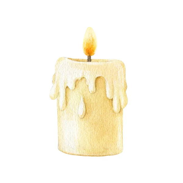 Горящая Акварель Акварелью Уютная Растопленная Одиночная Свеча Элементом Пламени Изолированный — стоковое фото