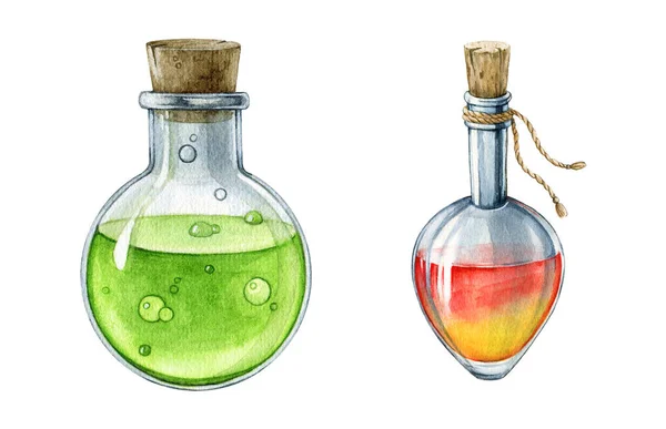 Bottiglia Vetro Con Pozione Dipinta Mano Set Illustrazione Acquerello Liquido — Foto Stock