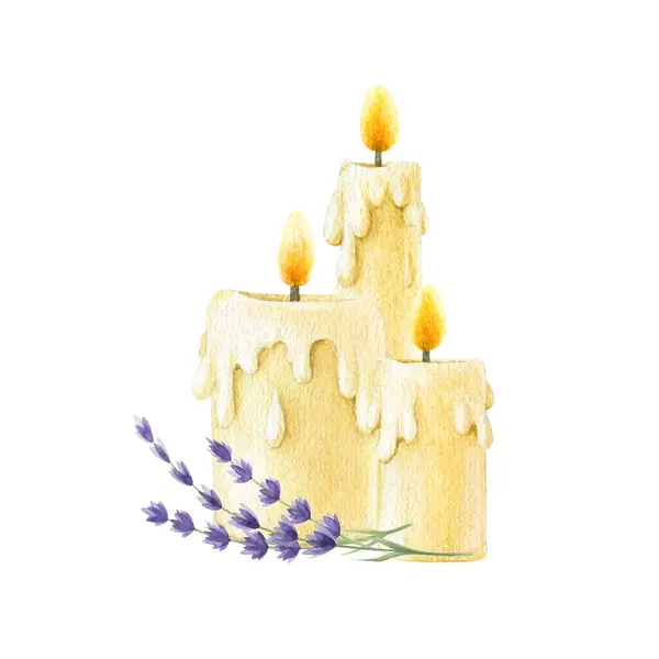 Velas Ardientes Con Decoración Flores Lavanda Ilustración Acuarela Grupo Velas — Foto de Stock