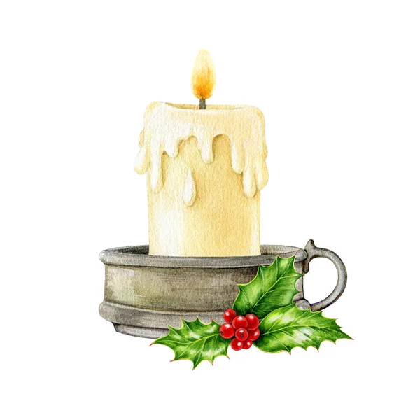Палаюча Свічка Священним Декором Листя Акварельна Ілюстрація Рука Намальована Свічка — стокове фото