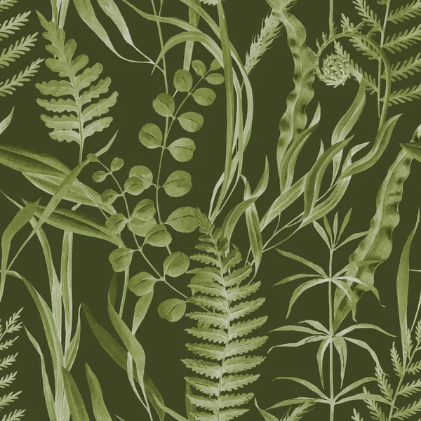 Green forest fern leaves and grass seamless pattern. Watercolor illustration. Hand drawn forest nature decor. Fern, grass, herbs, leaves seamless pattern. Lush greenery decor. Dark background.
