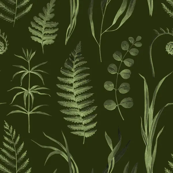 Forest nature greenery seamless pattern. Watercolor illustration. Hand drawn forest floral decor. Fern, grass, forest herbs, plants, leaves seamless pattern. Natural greenery decor. Dark background.