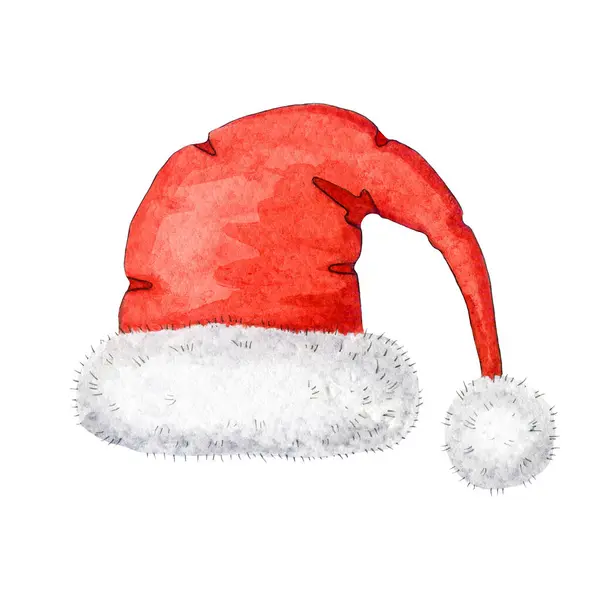 Santa Röd Hatt Akvarell Illustration Handmålade Vintern Festlig Traditionell Huvud — Stockfoto