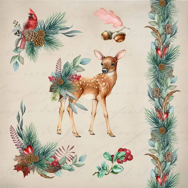 古色古香的冬季装饰与小鹿 鸟类和花卉 水彩画 用常绿桉叶 浆果手拉着小鹿 冬季复古风格装饰 — 图库照片