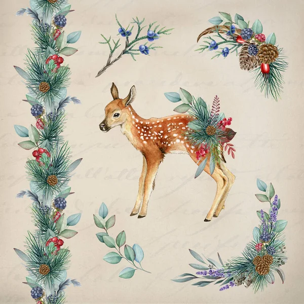 冬季老式风格装饰与小鹿和花卉 水彩画插图集 用常绿桉叶 浆果装饰过冬的手绘小鹿 — 图库照片