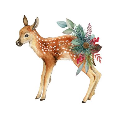 Yavru geyikler ve kış çiçekleri ile kışın rahat bir dekor. Suluboya çizimi. Sonsuza dek yeşil okaliptüs yaprakları, çam dalları ve böğürtlenlerle çizilmiş geyik. Kışın klasik tarz dekor elementi.