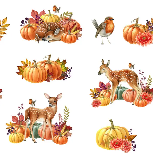 Autumn seamless pattern with floral elements, pumpkins, fawn and birds. Watercolor illustration. Autumn decor in bright warm colors. Natural elements, fall time flowers and leaves seamless pattern.