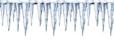 Kenarlarında buz saçakları var. Suluboya çizimi. Elle çizilmiş donmuş su. Boyalı buz saçakları dikişsiz sınır. Buz saçağı aralığı beyaz arkaplanda izole edildi.