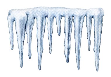 Icicles suluboya resimlerini çizdi. Elle çizilmiş donmuş su. Kış mevsimi açık hava sahnesi. Beyaz arkaplanda izole edilmiş boyanmış buz sarkıtları.